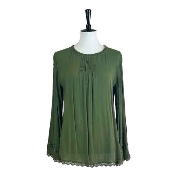 Time and Tru Blouse Boho Gauze Lace Pullover Olive Green Women’s Size Medium - Picture 1 of 13